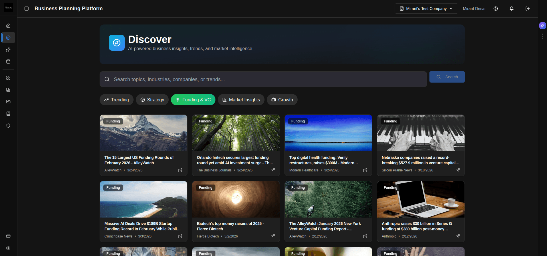 Discover feed showing AI-powered business intelligence with funding news and market insights