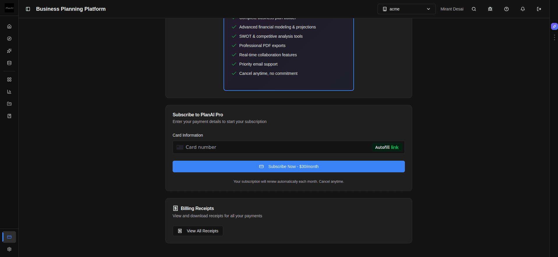 PlanAI Pro subscription interface showing card payment and billing receipts
