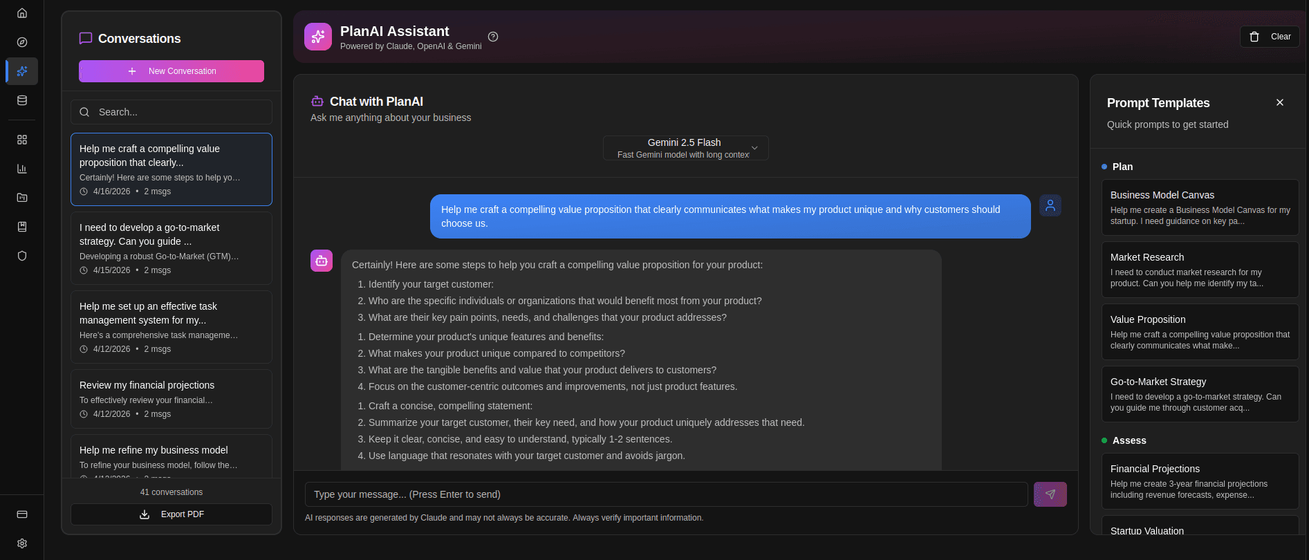 PlanAI Assistant conversation workspace