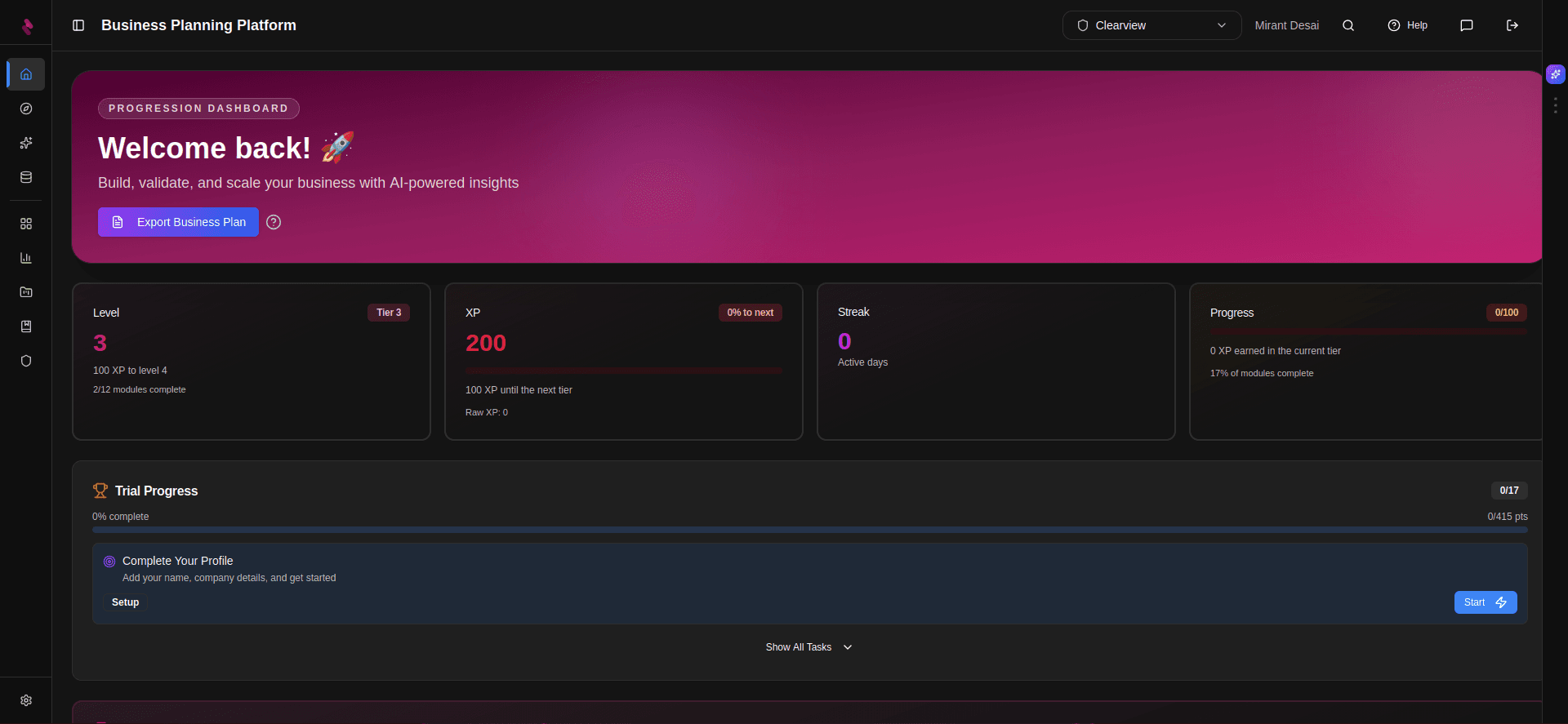 PlanAI business planning platform dashboard