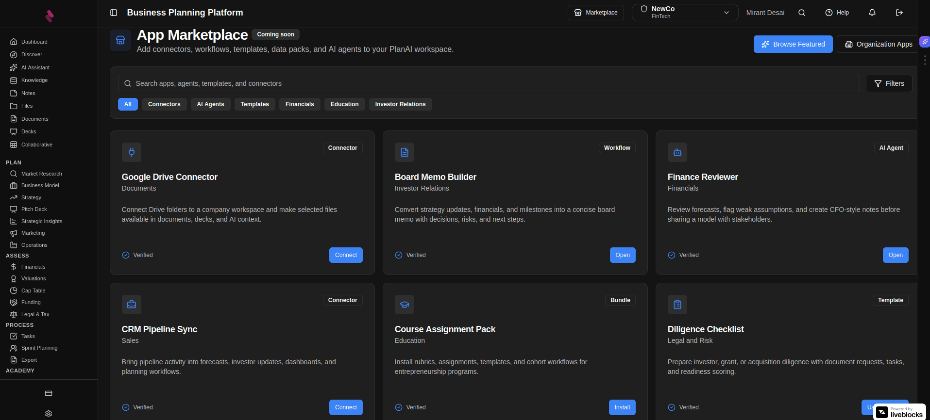 PlanAI App Marketplace showing connectors, workflows, templates, bundles, and AI agents