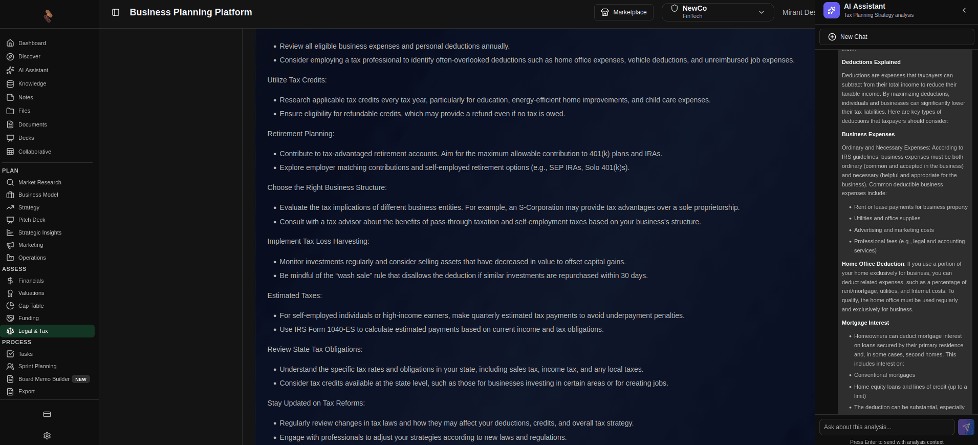 PlanAI contextual AI sidebar showing workspace-aware assistance