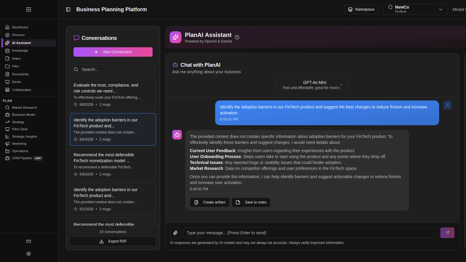 PlanAI notes interface showing grouped markdown artifacts from conversations