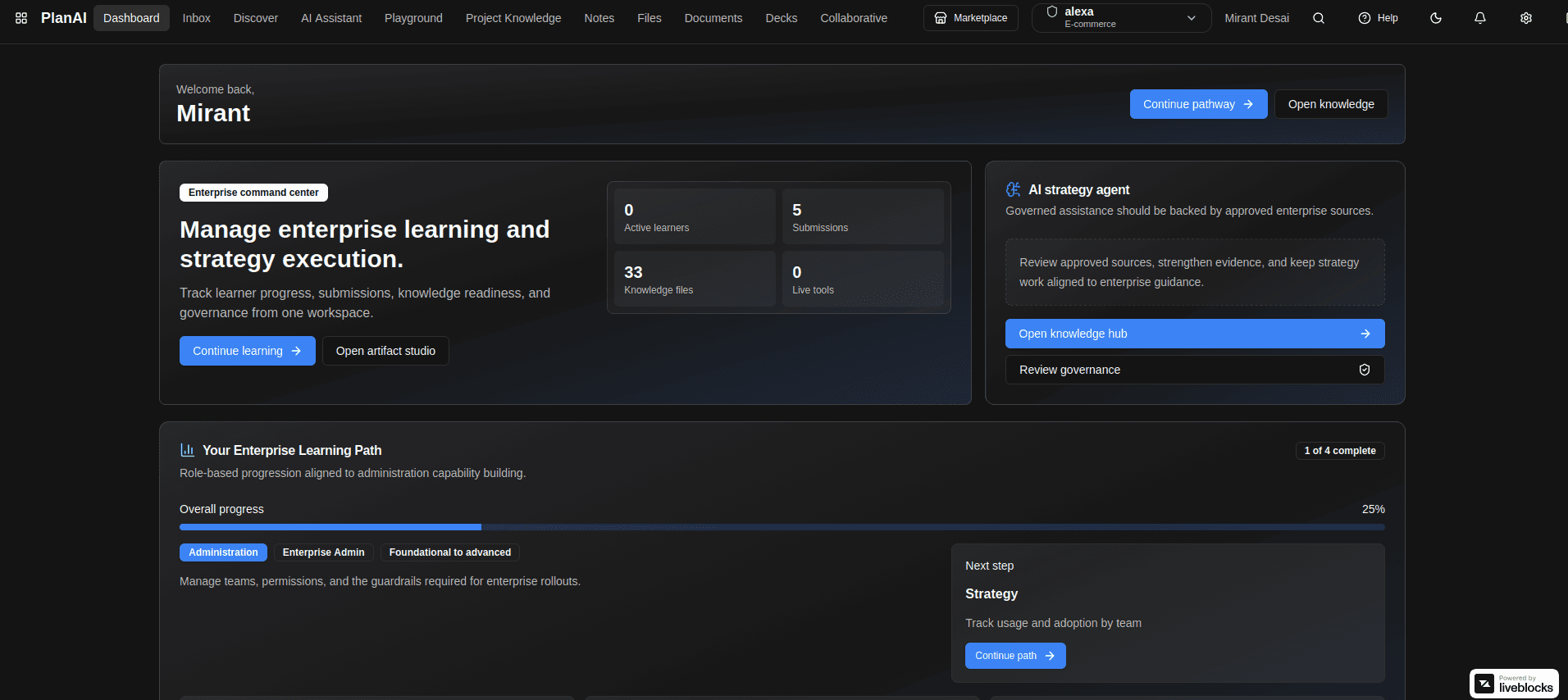 PlanAI enterprise learning command center dashboard