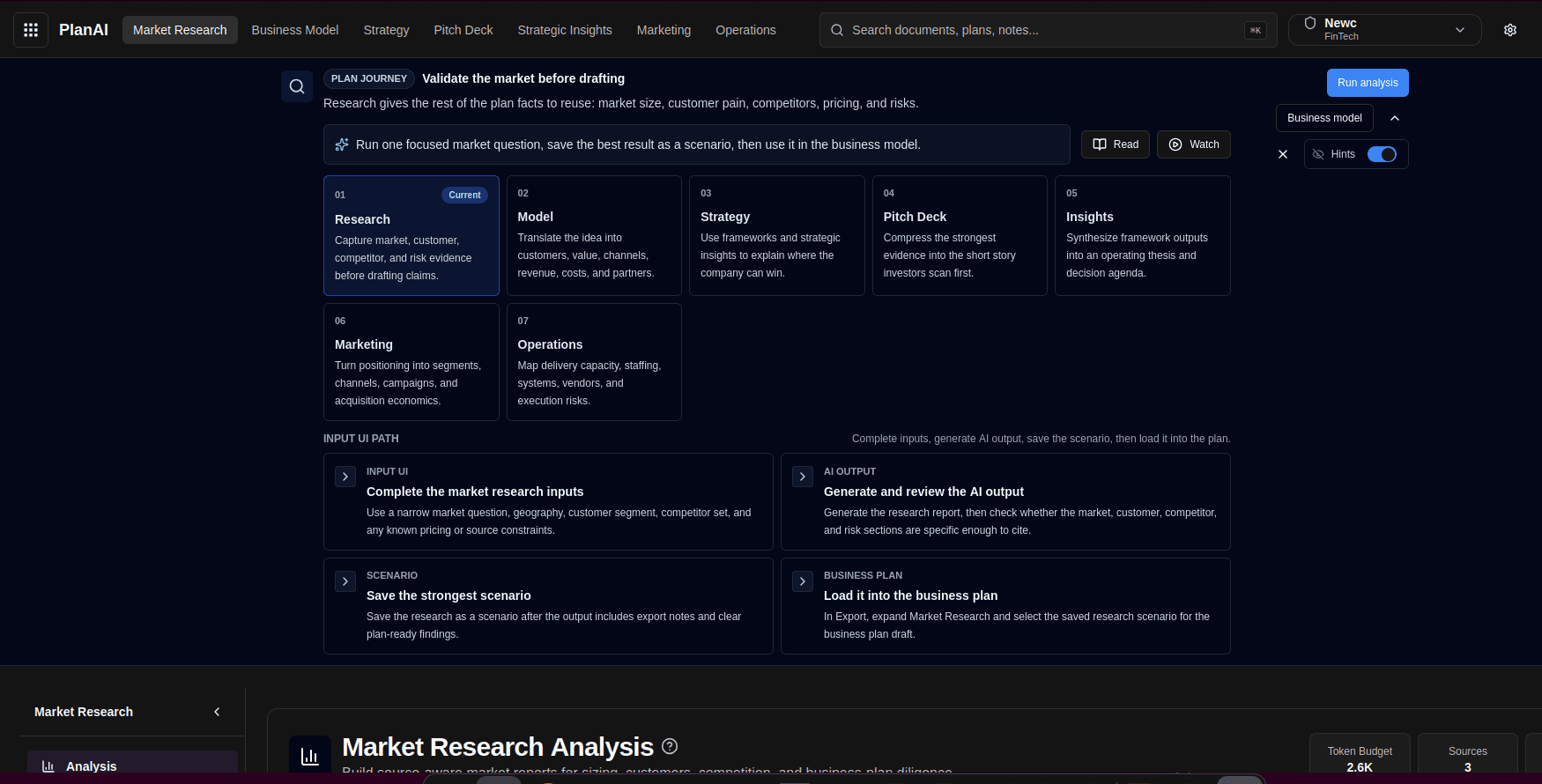 PlanAI contextual help interface supporting learning and business plan development