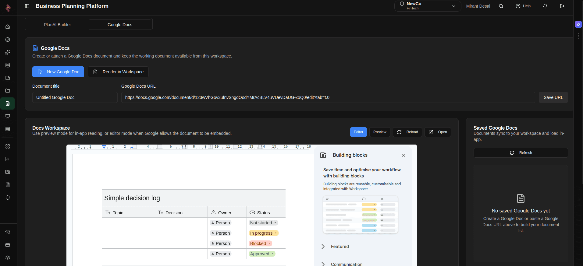 PlanAI Google Docs workspace embedded inside the business planning platform