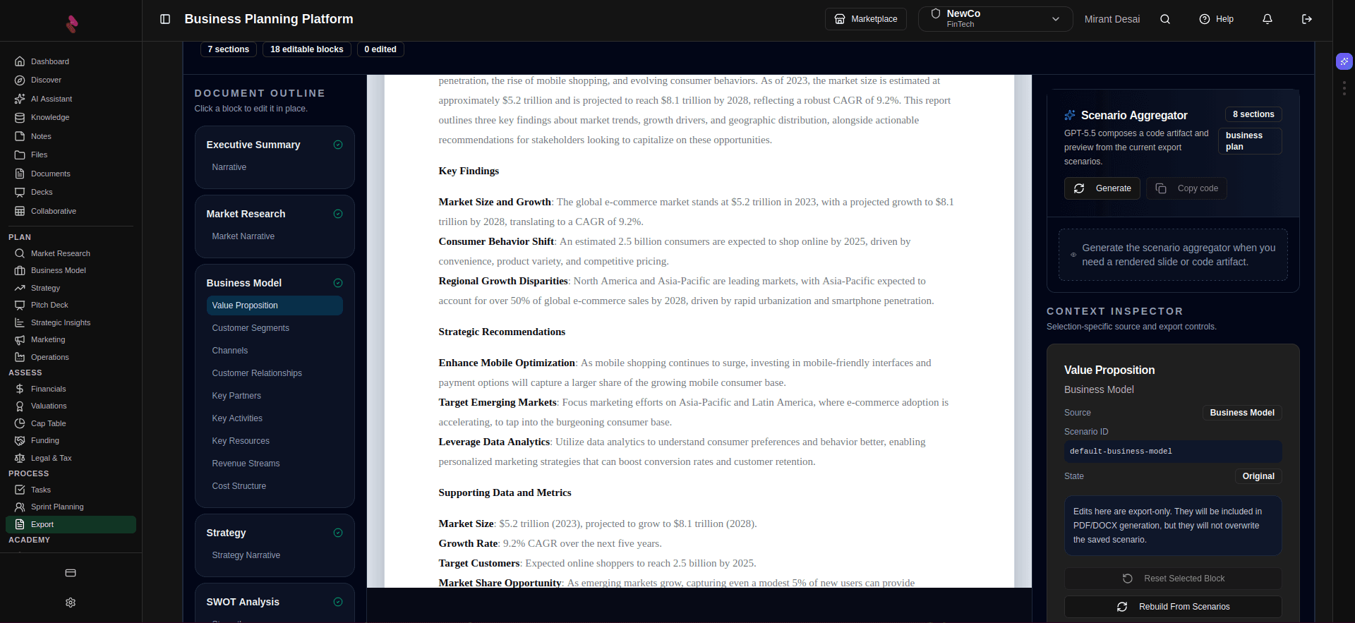 PlanAI interface showing an agent-generated business plan output