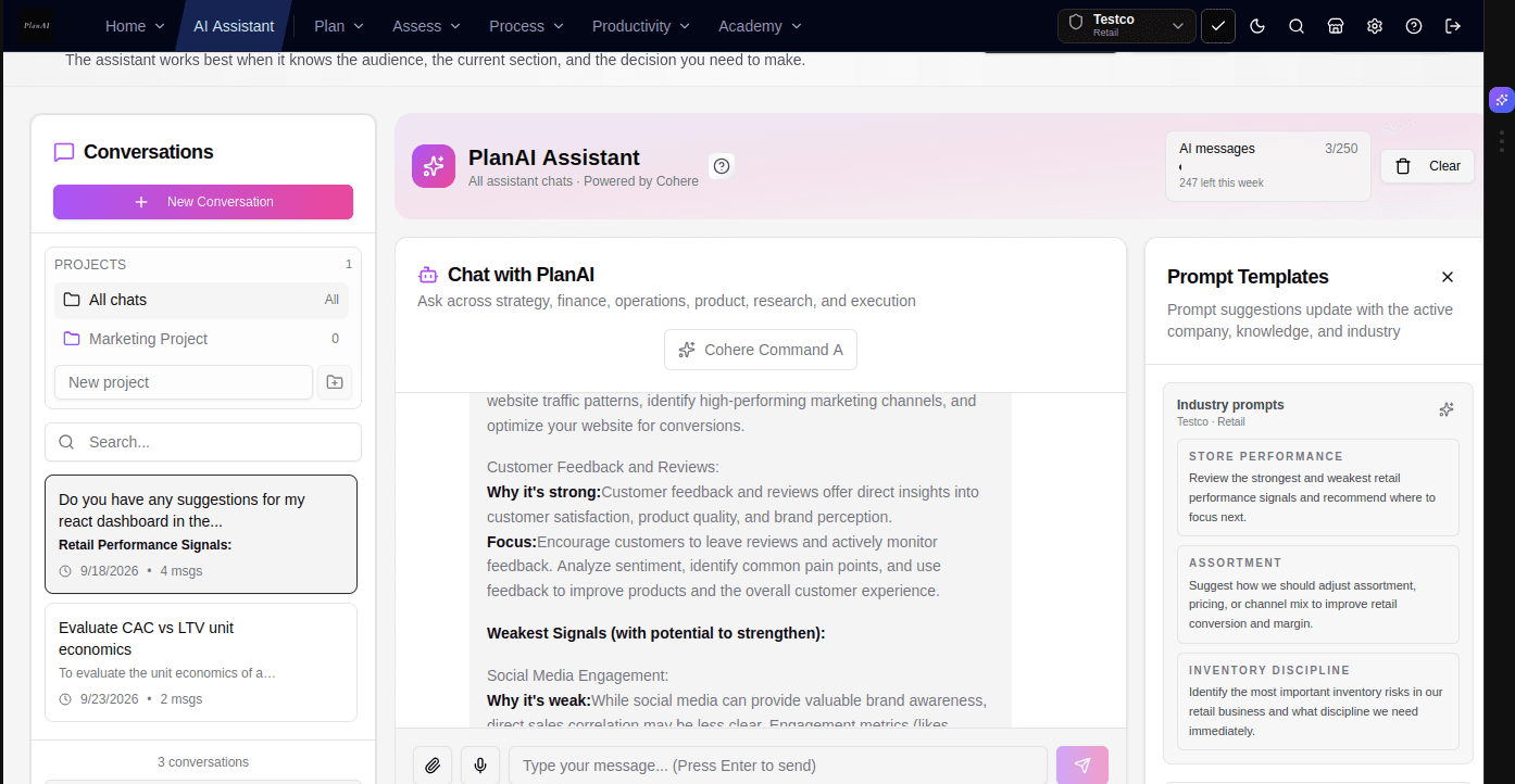 PlanAI Assistant using company context to provide strategic guidance