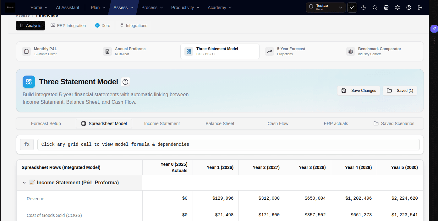 PlanAI integrated three-statement financial model with linked balance sheet and cash flow